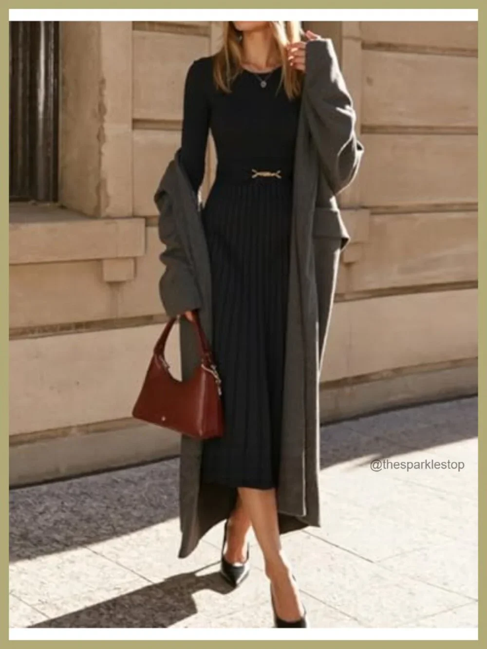 Long Sleeve Pleated Midi Sweater Dress with Removable Belt